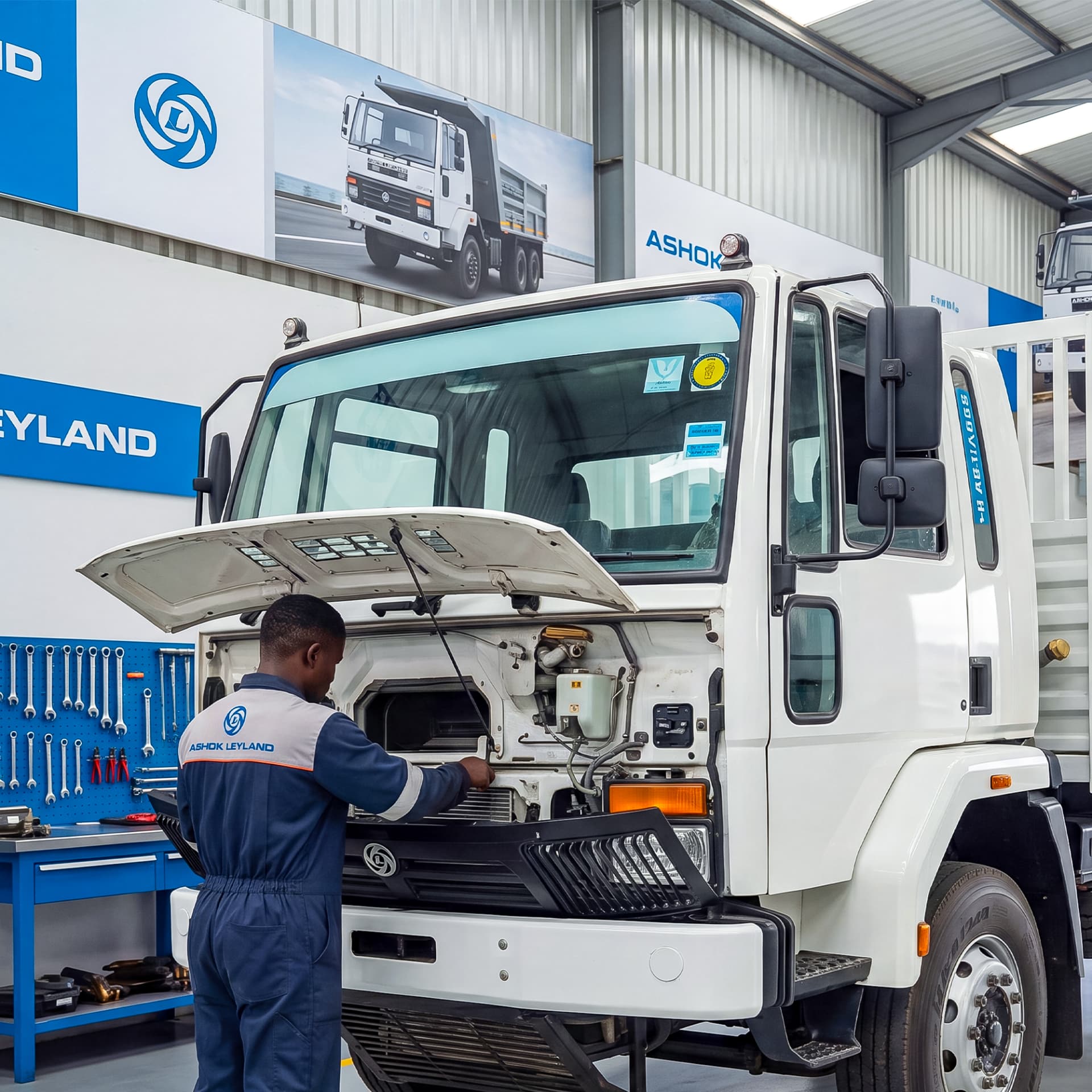 Ashok Leyland factory-trained technician servicing a truck engine