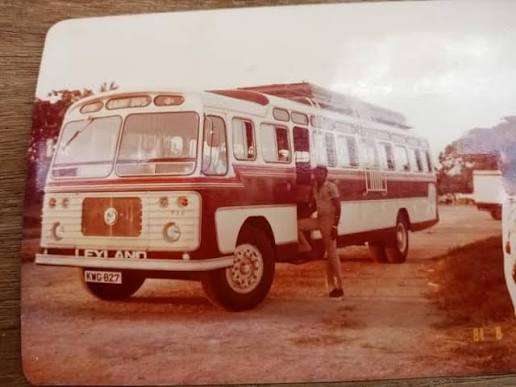 Vintage Leyland bus on a Kenyan road in the 1970s