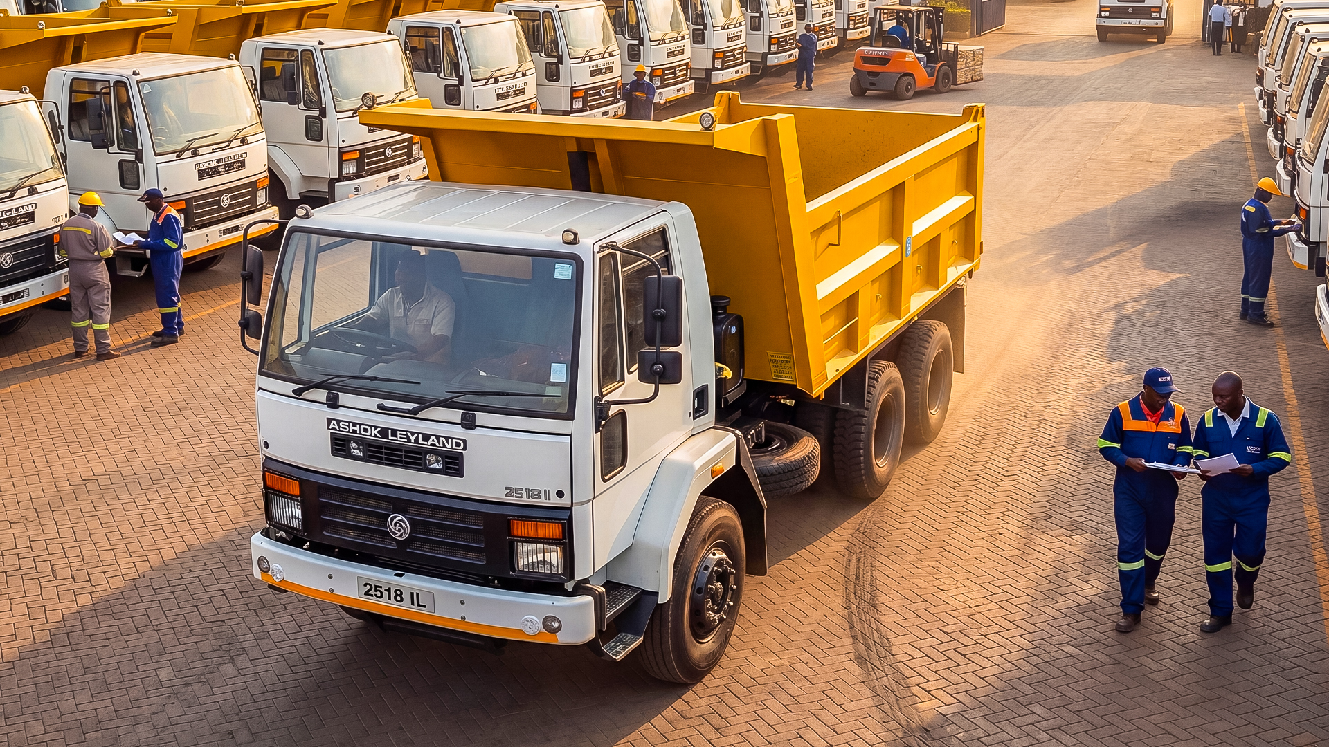 Ashok Leyland trucks lined up ready for delivery in Kenya