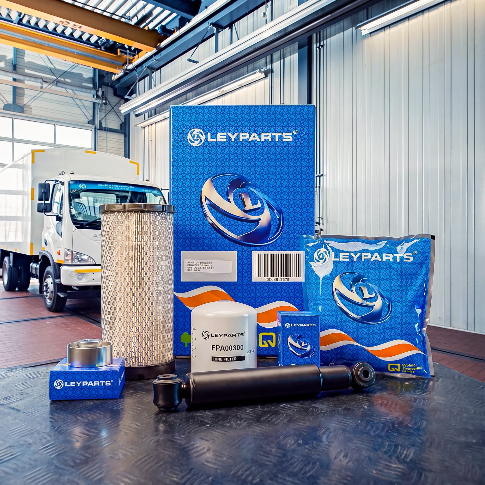 Genuine Leyparts filters and components at an Ashok Leyland service bay