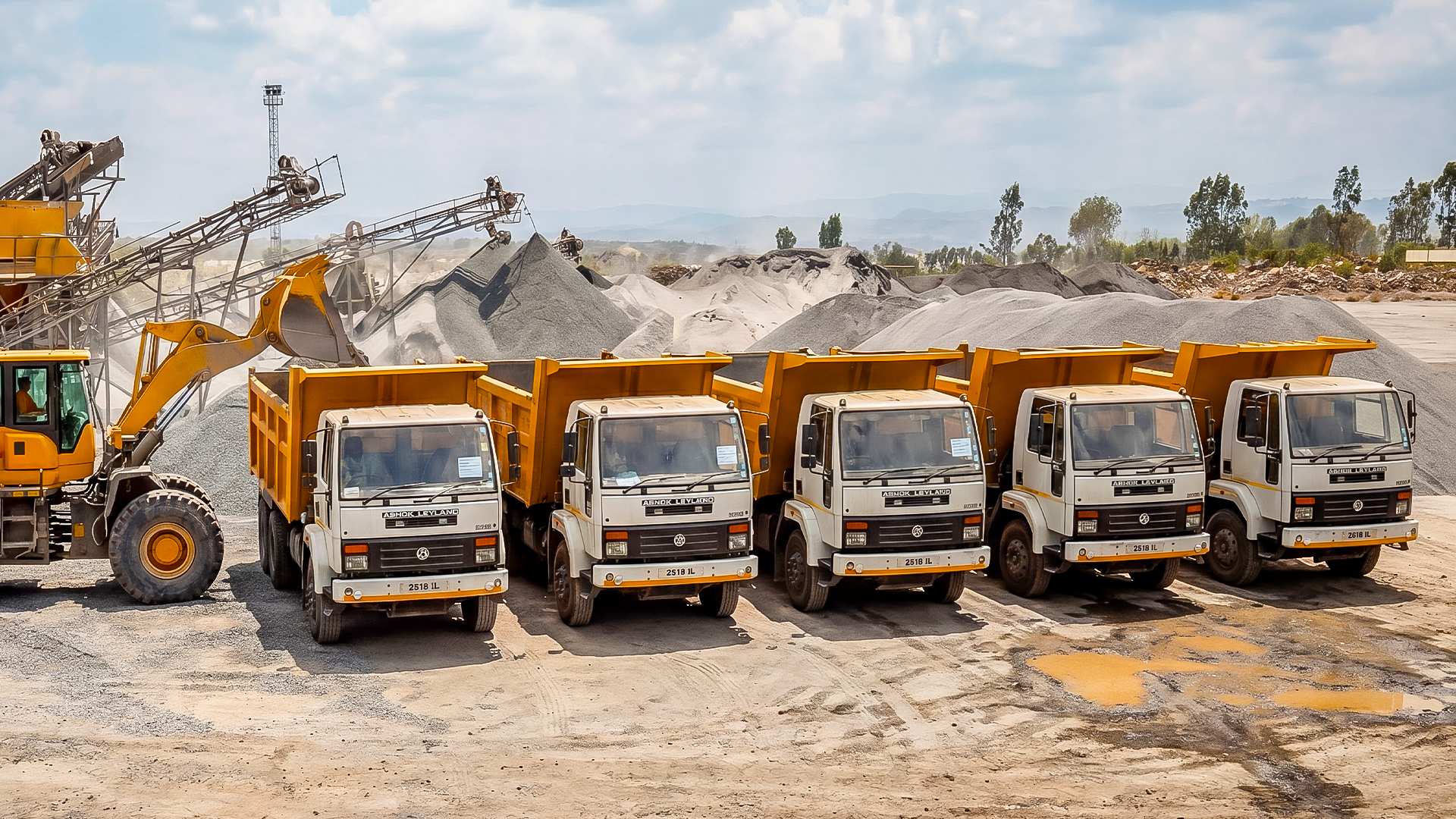 Fleet of Ashok Leyland 2518 iL tippers at a Kenyan quarry